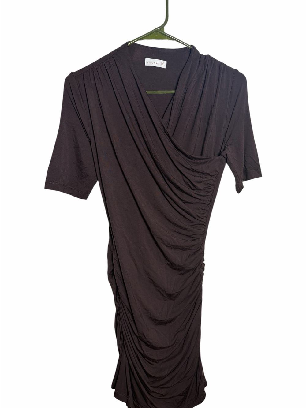 Kookai Chocolate Brown Ruched Wrap Midi Dress